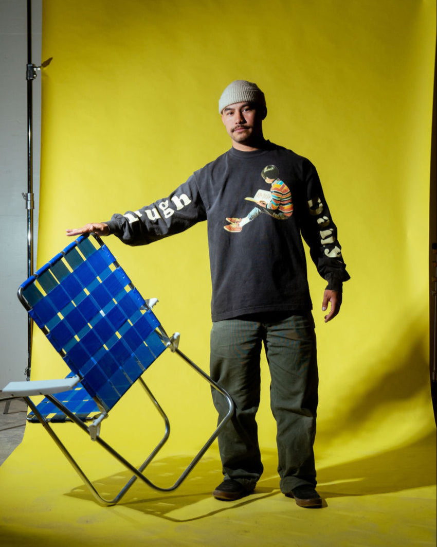 model wearing laugh daily apparel long sleeve tee in vintage black