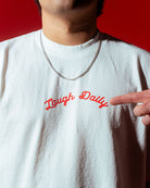 Laugh Daily tee in white close up shot of front design